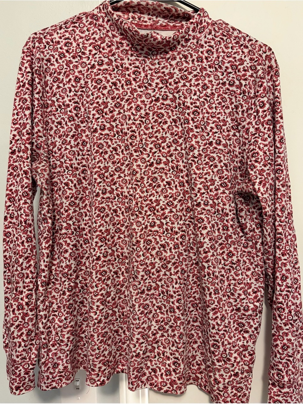Lands' End Women's Long Sleeve Mock Neck Tee in Dark Pink and White Floral Print